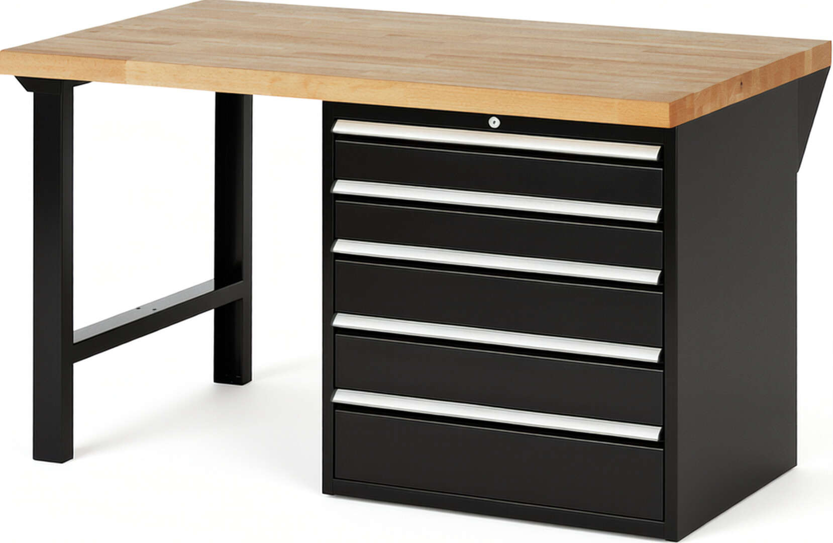 Werkbank Modell 7613 schwarz, BxTxH 1500x900x890 mm,  Buche-Massiv Arbeitsplatte 40 mm,  5 Schubladen mit  Vollauszug 100 % und  SoftClosing