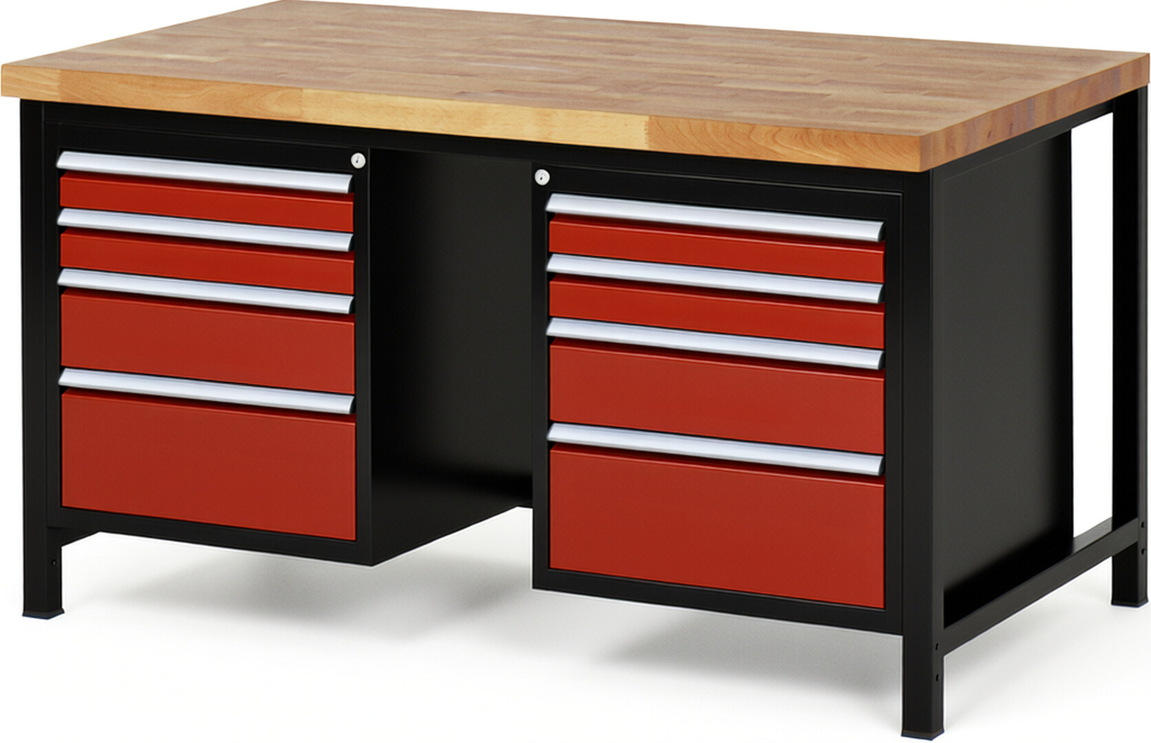 RAU Werkbank schwarz - rot - Breite 150 cm - Tiefe 90 cm - Höhe 104 cm - Buche-Massiv Arbeitsplatte 40 mm