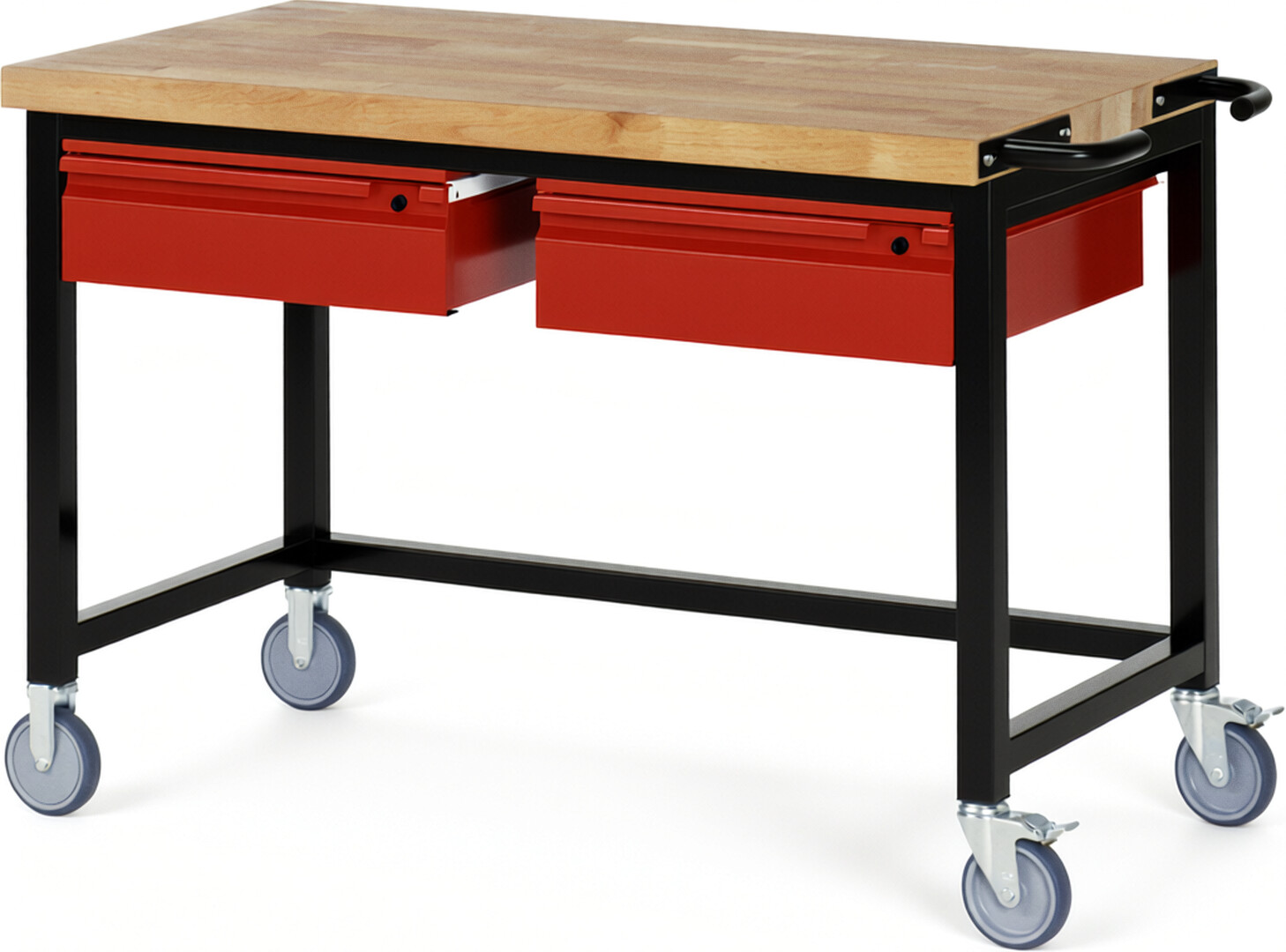 RAU Werkbank schwarz - rot - Breite 125 cm - Tiefe 70 cm - Höhe 88 cm - Buche-Massiv Arbeitsplatte 40 mm