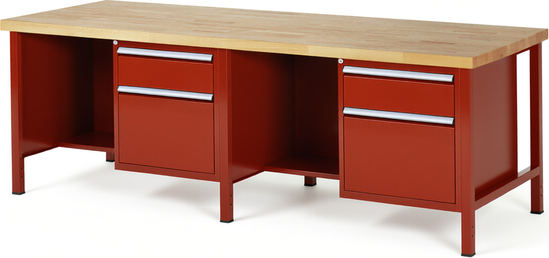 Werkbank Modell 8451 rot, BxTxH 2500x900x840 mm,  Buche-Massiv Arbeitsplatte 40 mm,  4 Schubladen mit  Auszug 90 %