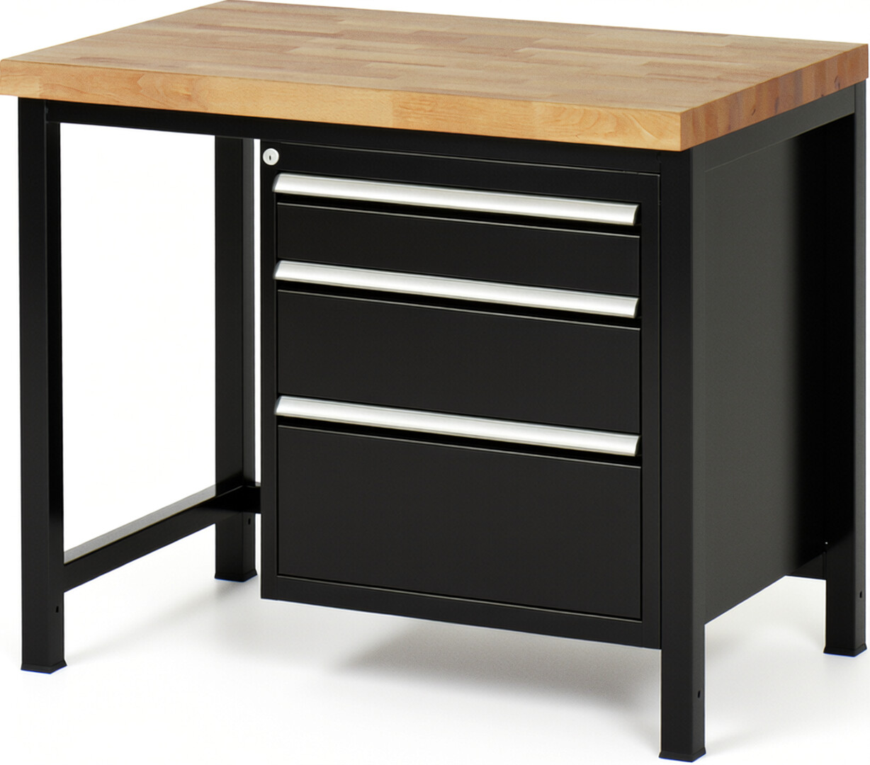 Werkbank Modell 8159 schwarz, BxTxH 1000x700x840-1040 mm,  Buche-Massiv Arbeitsplatte 40 mm,  3 Schubladen mit  Auszug 90 %