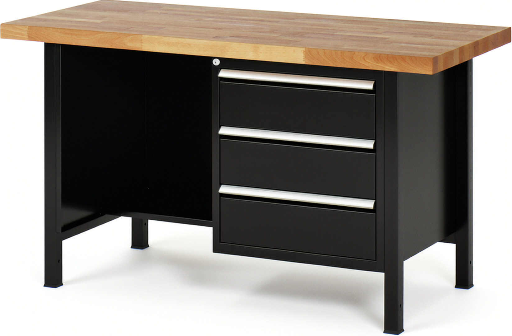 Werkbank Modell 8452 schwarz, BxTxH 1500x700x840 mm,  Buche-Massiv Arbeitsplatte 40 mm,  3 Schubladen mit  Auszug 90 %