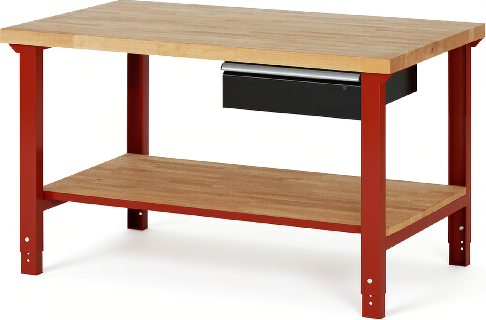 Werkbank Modell 7001 rot - schwarz, BxTxH 1500x900x790-1140 mm,  Buche-Massiv Arbeitsplatte 40 mm,  1 Schublade mit  Auszug 90 %