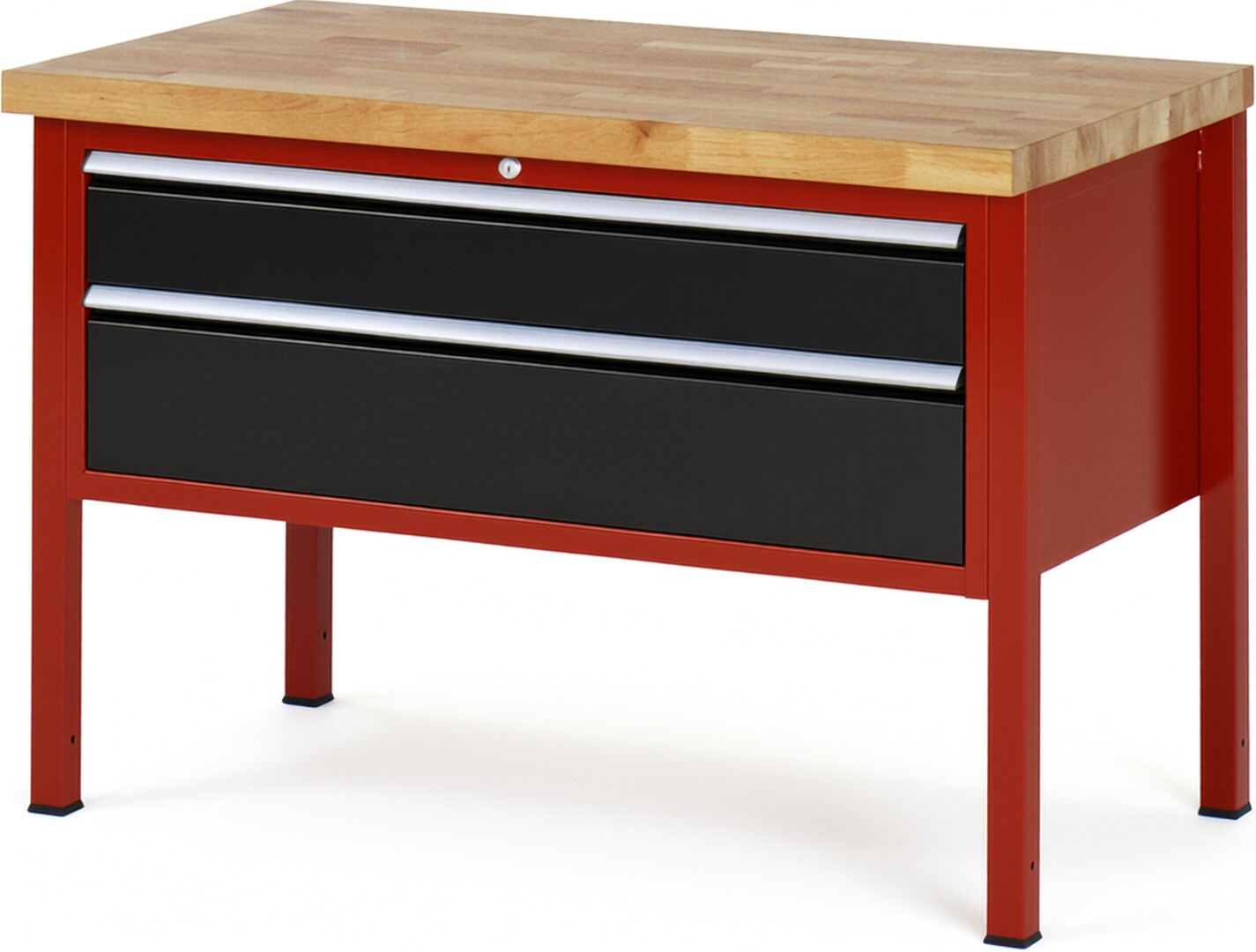 Werkbank Modell 8323 rot - schwarz, BxTxH 1250x700x840-1040 mm,  Buche-Massiv Arbeitsplatte 40 mm,  2 Schubladen mit  Auszug 90 %