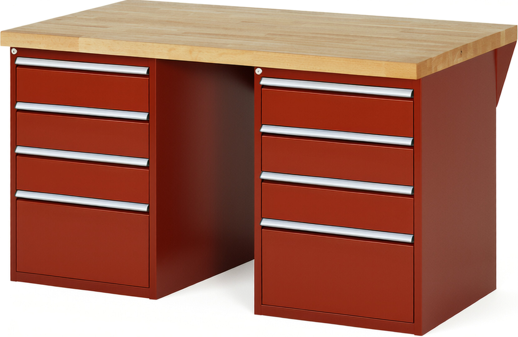 Werkbank Modell 7510 rot, BxTxH 1500x900x890 mm,  Buche-Massiv Arbeitsplatte 40 mm,  8 Schubladen mit  Auszug 90 %