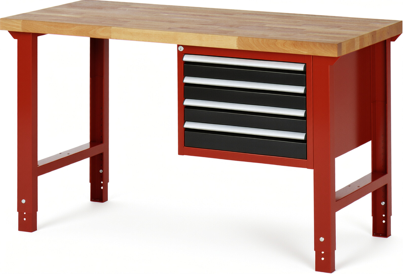 Werkbank Modell 7133 rot - schwarz, BxTxH 1500x700x790-1140 mm,  Buche-Massiv Arbeitsplatte 40 mm,  4 Schubladen mit  Auszug 90 %
