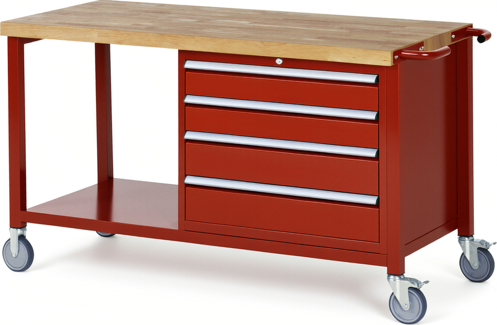 Fahrbare Werkbank Modell 8262 rot, BxTxH 1500x700x880-1080 mm,  Buche-Massiv Arbeitsplatte 40 mm,  4 Schubladen mit  Auszug 90 %