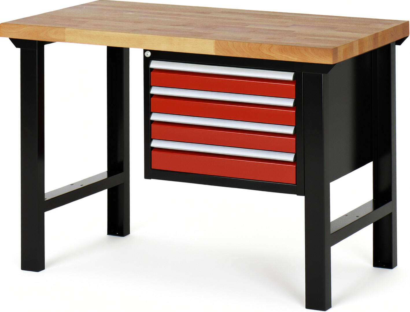 RAU Werkbank schwarz - rot - Breite 125 cm - Tiefe 70 cm - Höhe 84 cm - Buche-Massiv Arbeitsplatte 40 mm
