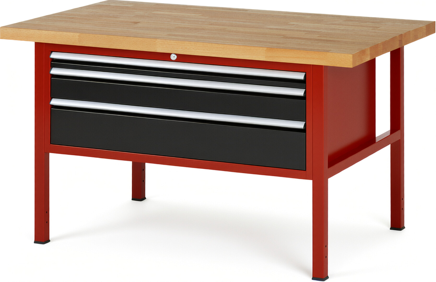 Werkbank Modell 8326 rot - schwarz, BxTxH 1500x900x840 mm,  Buche-Massiv Arbeitsplatte 40 mm,  3 Schubladen mit  Vollauszug 100 % und  SoftClosing