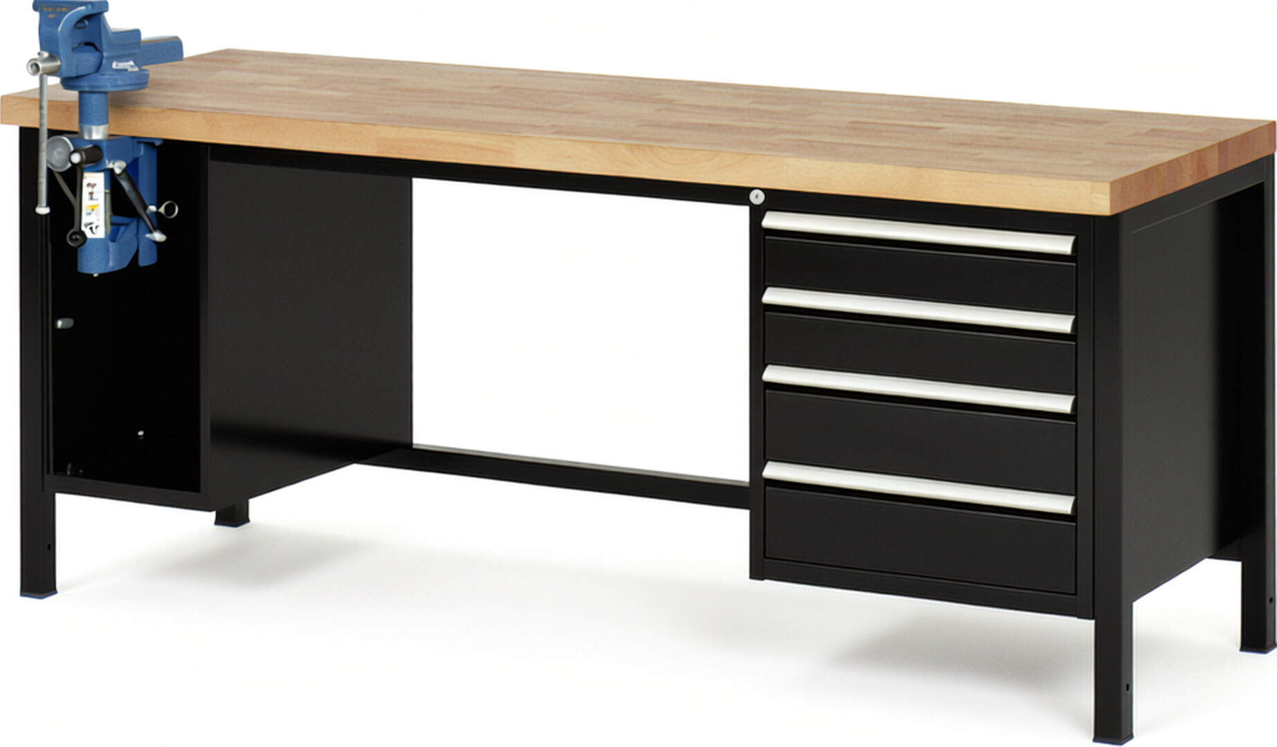 Werkbank Modell 8185 schwarz, BxTxH 2000x700x840-1040 mm,  Buche-Massiv Arbeitsplatte 40 mm,  4 Schubladen mit  Auszug 90 %