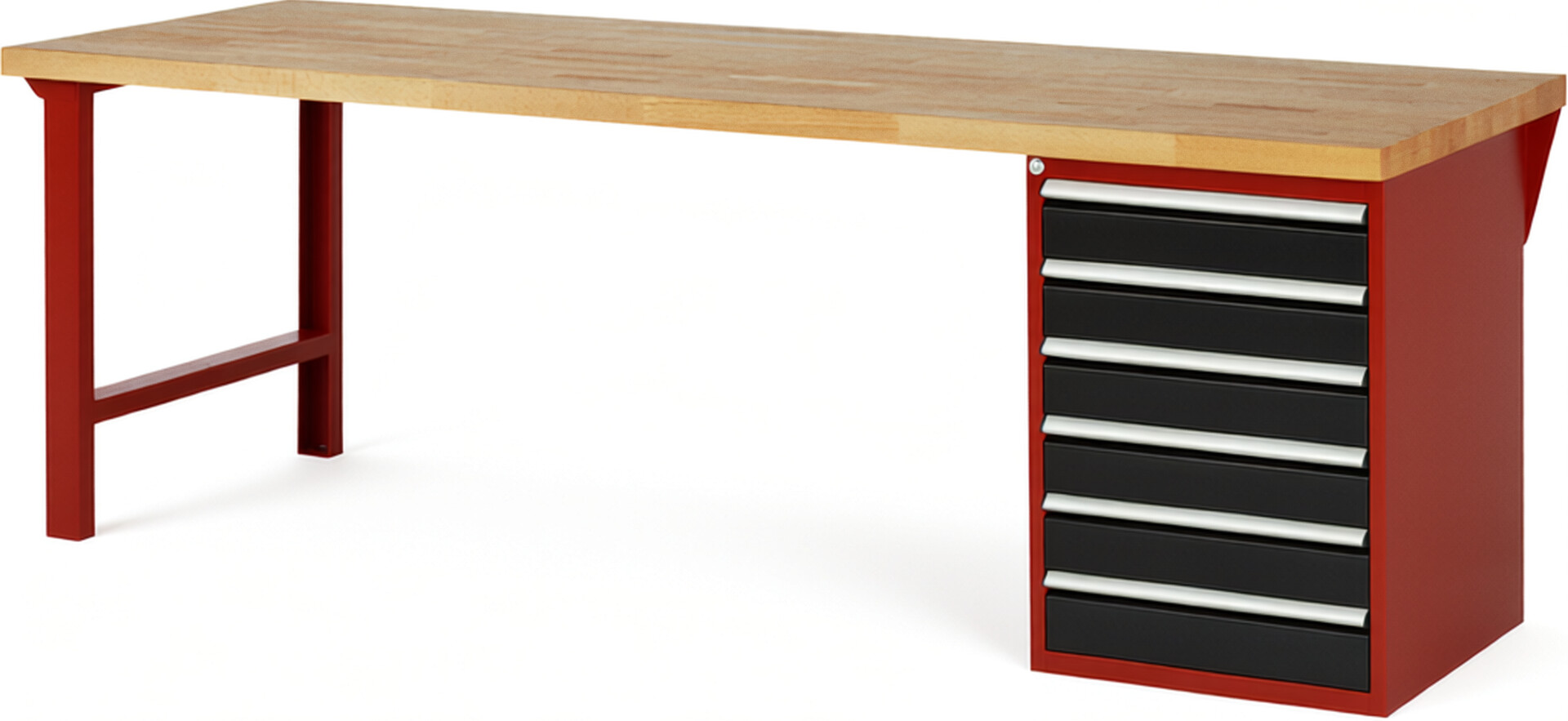 Werkbank Modell 7516 rot - schwarz, BxTxH 2500x900x890 mm,  Buche-Massiv Arbeitsplatte 40 mm,  6 Schubladen mit  Vollauszug 100 % und  SoftClosing