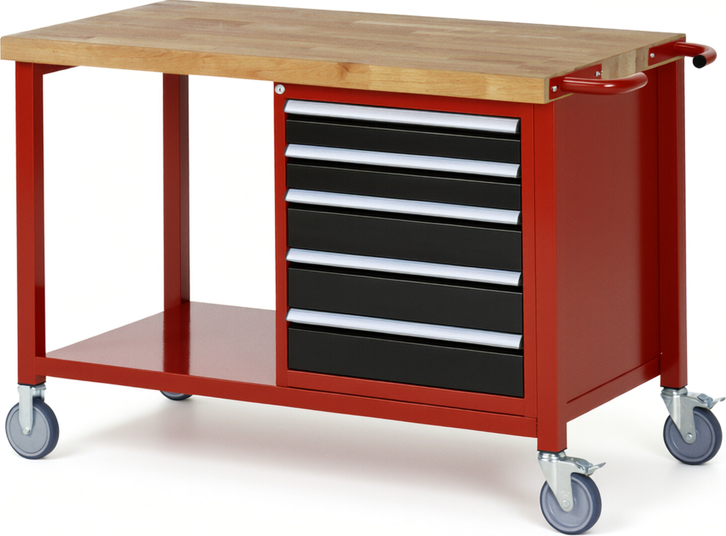 Fahrbare Werkbank Modell 8171 rot - schwarz, BxTxH 1250x700x880 mm,  Buche-Massiv Arbeitsplatte 40 mm,  5 Schubladen mit  Vollauszug 100 % und  SoftClosing