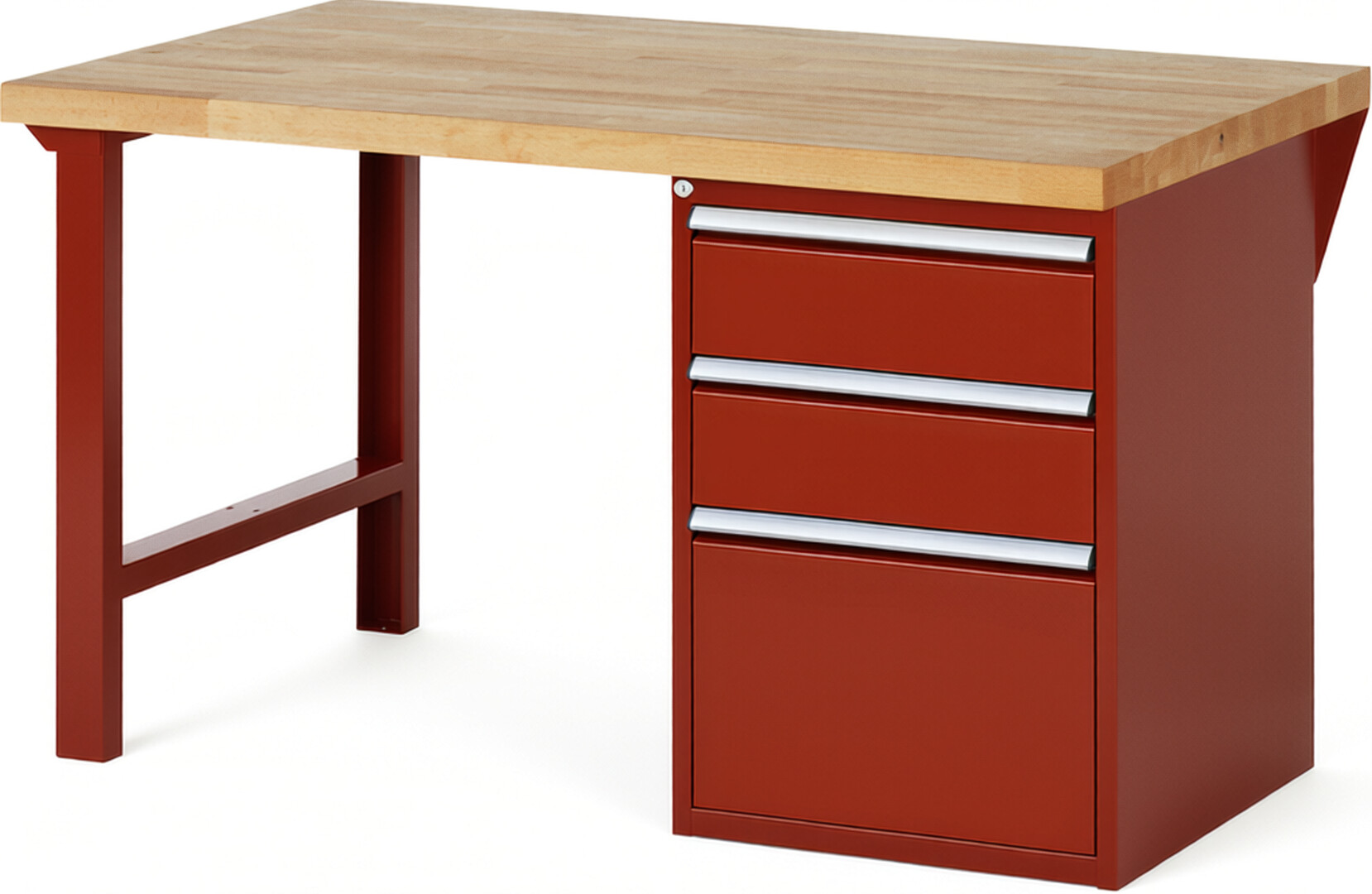 Werkbank Modell 7507 rot, BxTxH 1500x900x890 mm,  Buche-Massiv Arbeitsplatte 40 mm,  3 Schubladen mit  Vollauszug 100 % und  SoftClosing