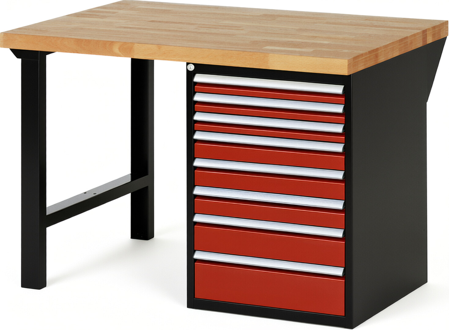 RAU Werkbank schwarz - rot - Breite 125 cm - Tiefe 90 cm - Höhe 89 cm - Buche-Massiv Arbeitsplatte 40 mm
