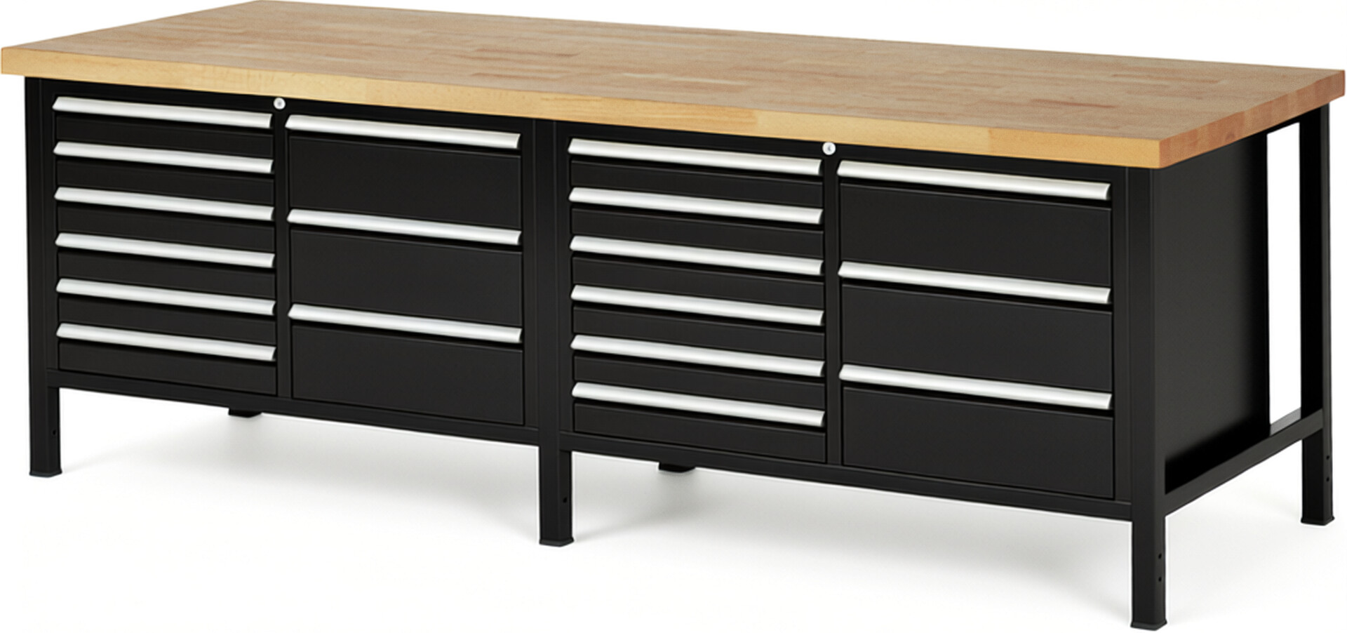 Werkbank Modell 8479 schwarz, BxTxH 2500x900x840 mm,  Buche-Massiv Arbeitsplatte 40 mm,  18 Schubladen mit  Vollauszug 100 % und  SoftClosing