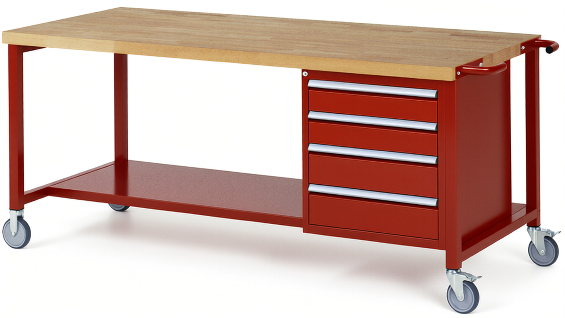 Fahrbare Werkbank Modell 8162 rot, BxTxH 2000x900x880 mm,  Buche-Massiv Arbeitsplatte 40 mm,  4 Schubladen mit  Vollauszug 100 % und  SoftClosing