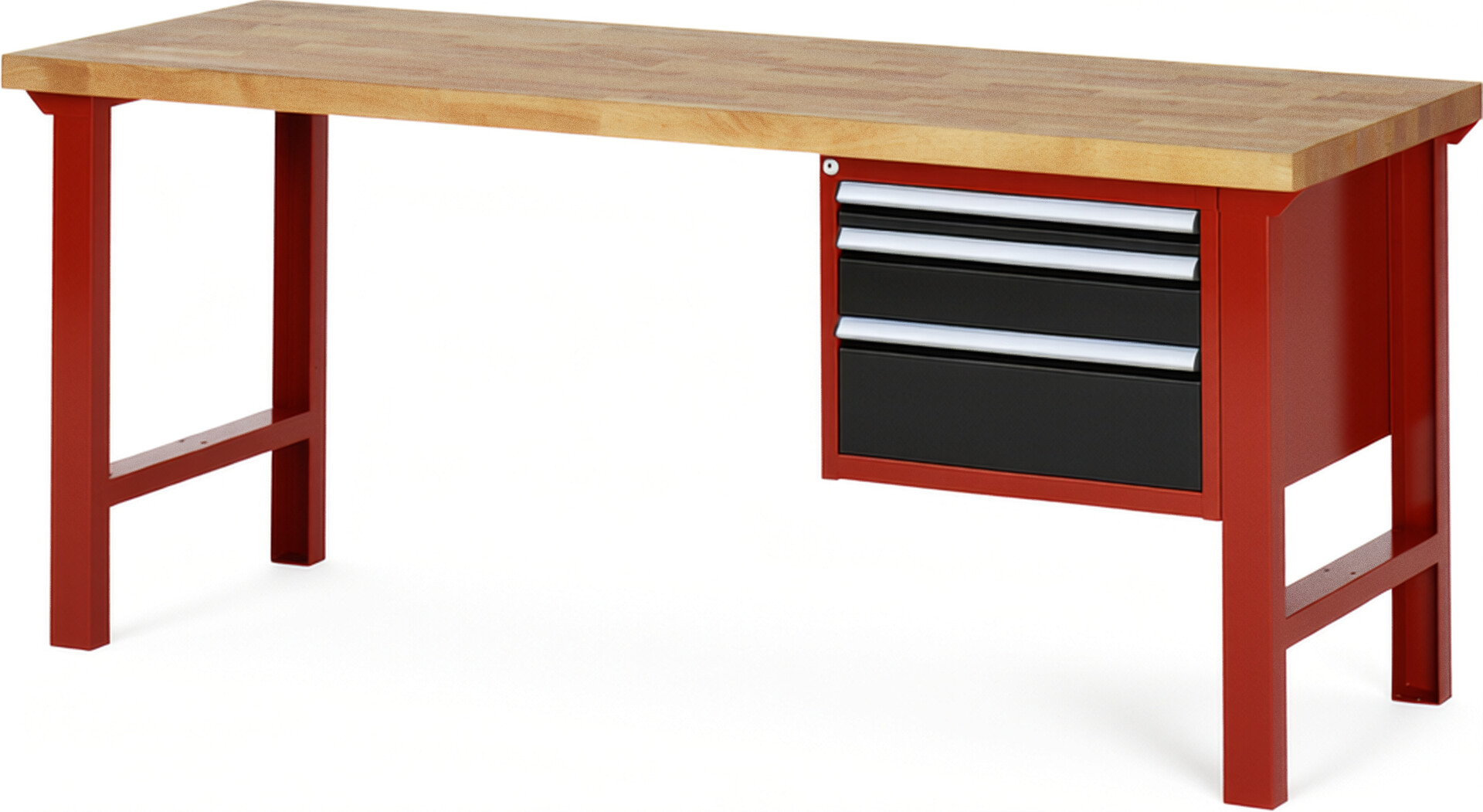 Werkbank Modell 7126 rot - schwarz, BxTxH 2000x700x840 mm,  Buche-Massiv Arbeitsplatte 40 mm,  3 Schubladen mit  Vollauszug 100 % und  SoftClosing