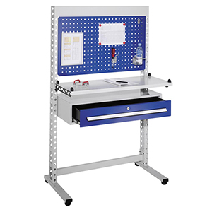 QM-Station, stationär, inkl. Infotafel, Metallablage, Schublade, Infoblende, Gleiter, BxTxH 1070x620x1710 mm, RAL 7035/5010