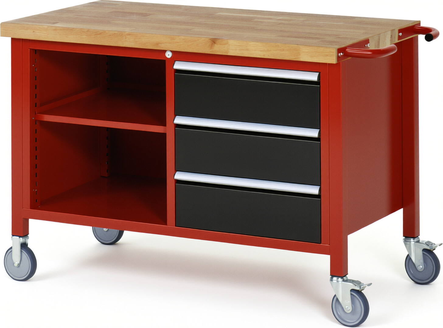 Fahrbare Werkbank Modell 8462 rot - schwarz, BxTxH 1250x700x880 mm,  Buche-Massiv Arbeitsplatte 40 mm,  3 Schubladen mit  Vollauszug 100 % und  SoftClosing