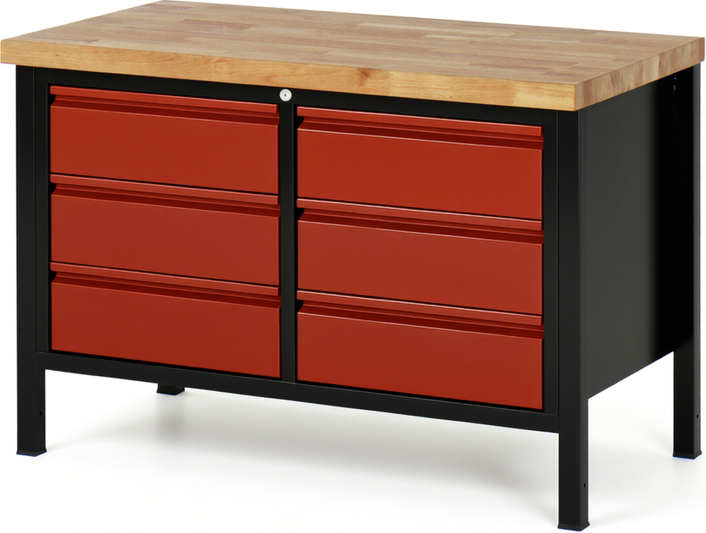 Werkbank schwarz - rot, Breite 125 cm, Tiefe 70 cm, Höhe 104 cm, 3 Schublade(n), Platte: Buche-Massiv-Arbeitsplatte