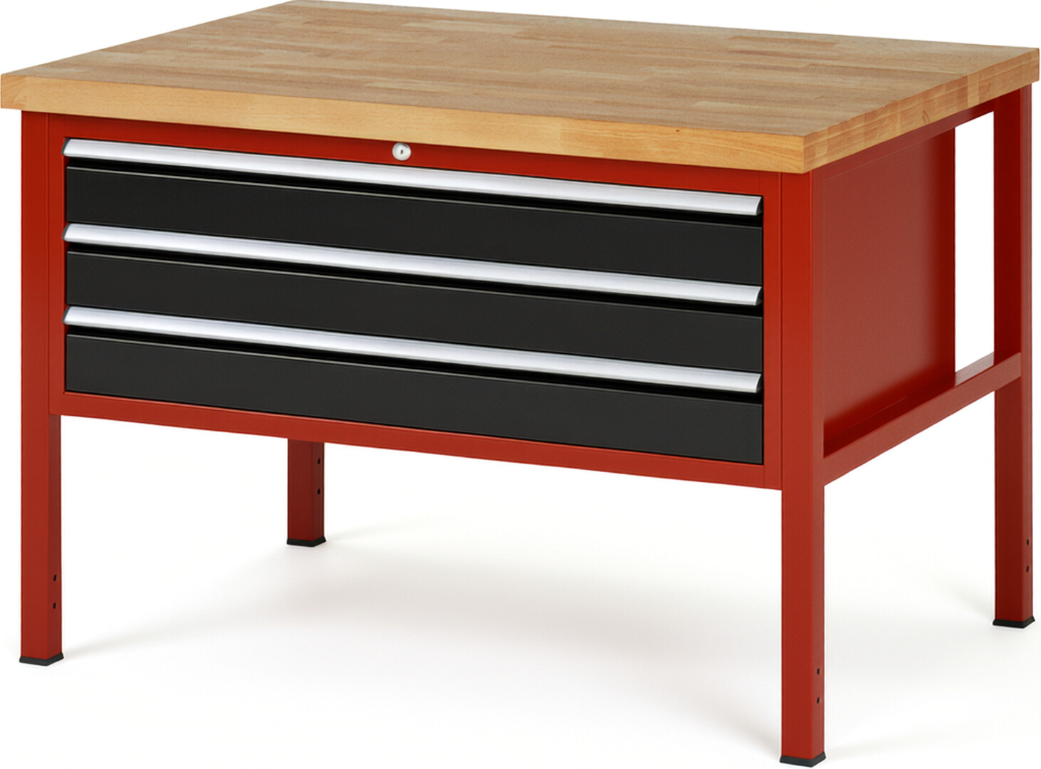 Werkbank Modell 8327 rot - schwarz, BxTxH 1250x900x840 mm,  Buche-Massiv Arbeitsplatte 40 mm,  3 Schubladen mit  Auszug 90 %