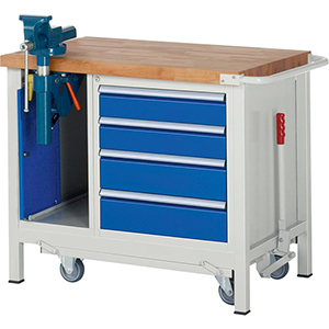Werkbank mit absenkb. Fahrgest., Breite 100 cm, Tiefe 70 cm, Höhe 88 cm, 5 Schublade(n), Platte: Buche-Riegel