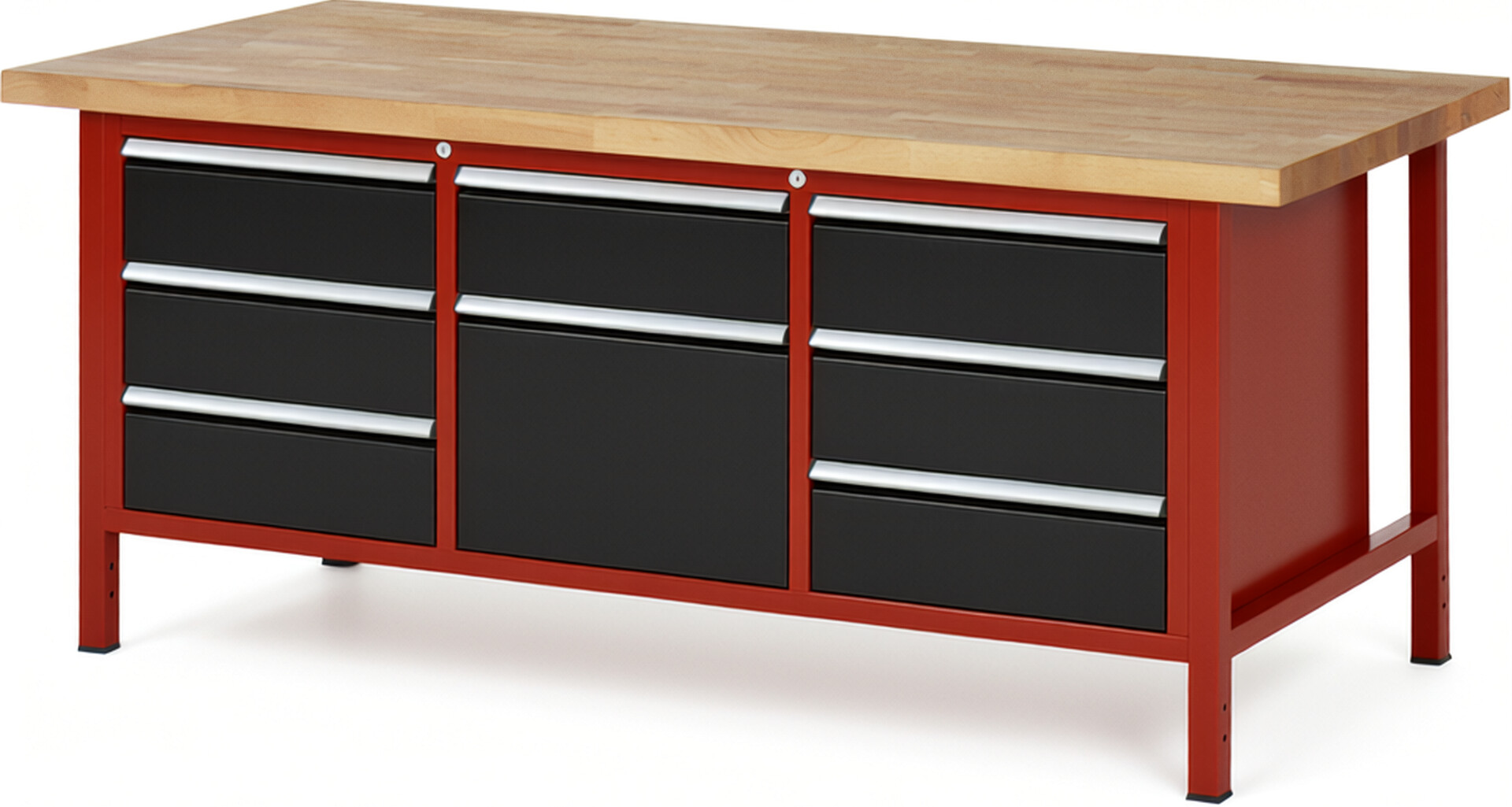 Werkbank Modell 8571 rot - schwarz, BxTxH 2000x900x840 mm,  Buche-Massiv Arbeitsplatte 40 mm,  8 Schubladen mit  Auszug 90 %