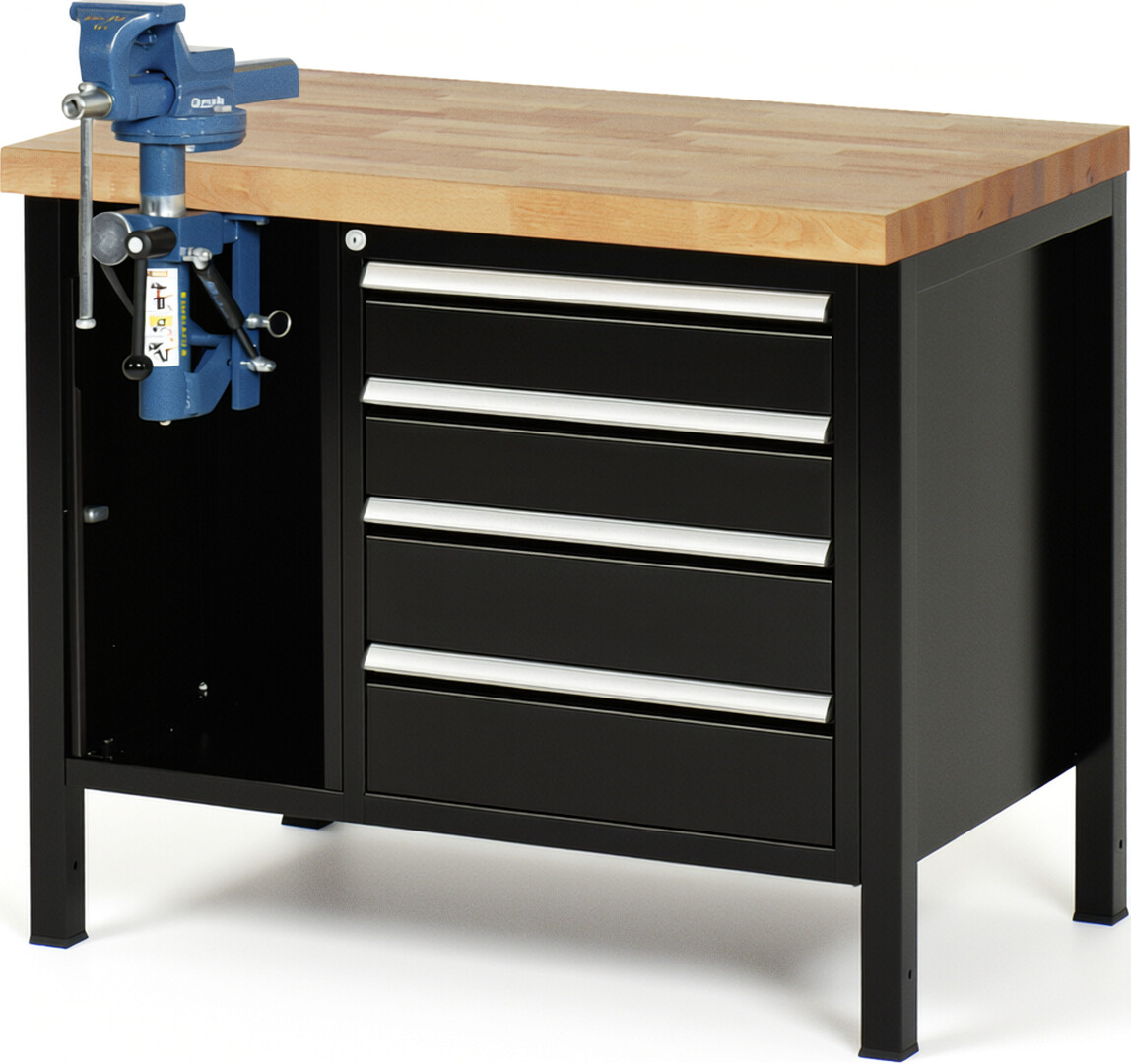 Werkbank Modell 8185 schwarz, BxTxH 1000x700x840-1040 mm,  Buche-Massiv Arbeitsplatte 40 mm,  4 Schubladen mit  Auszug 90 %