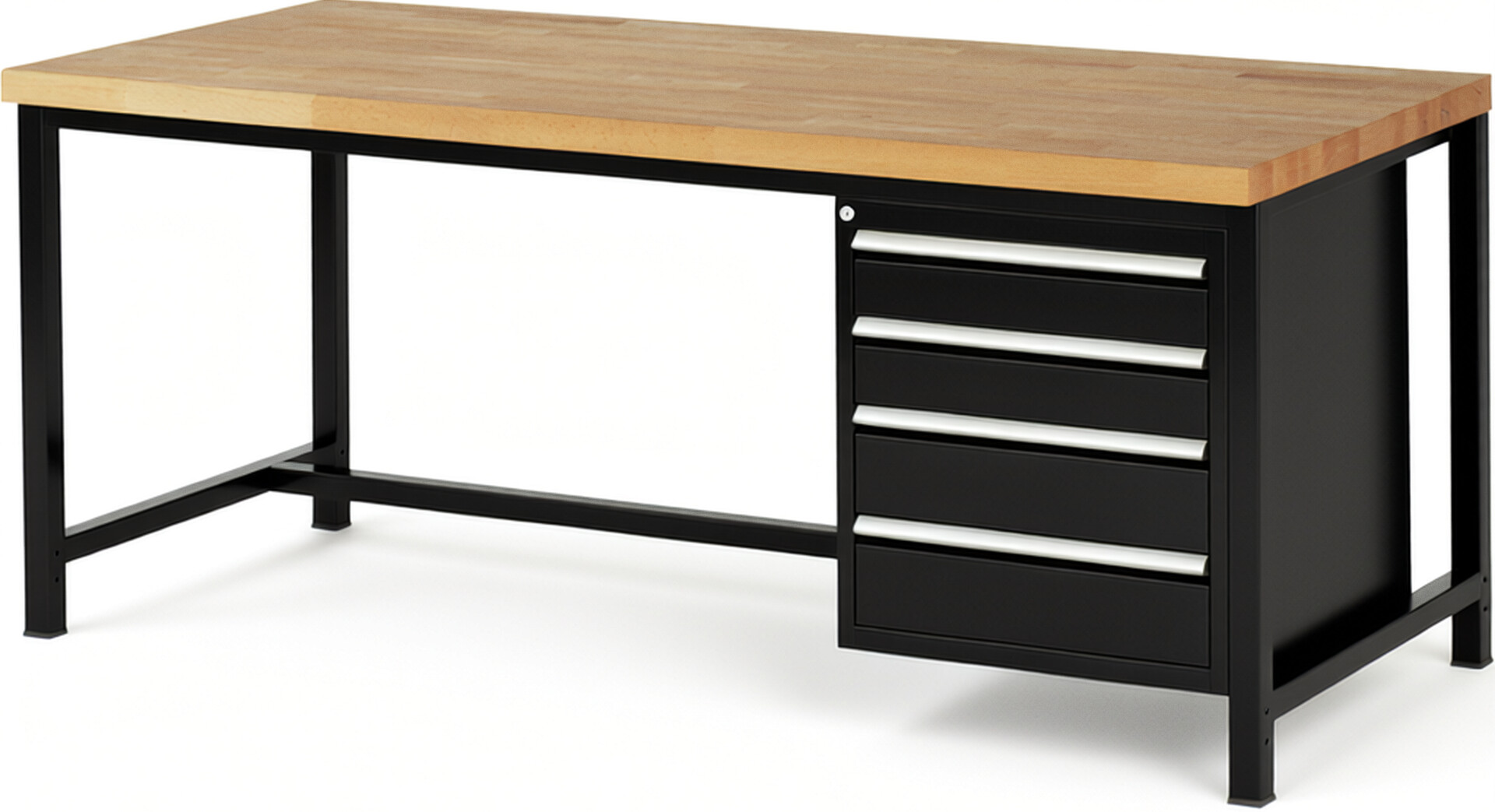 Werkbank Modell 8162 schwarz, BxTxH 2000x900x840-1040 mm,  Buche-Massiv Arbeitsplatte 40 mm,  4 Schubladen mit  Auszug 90 %