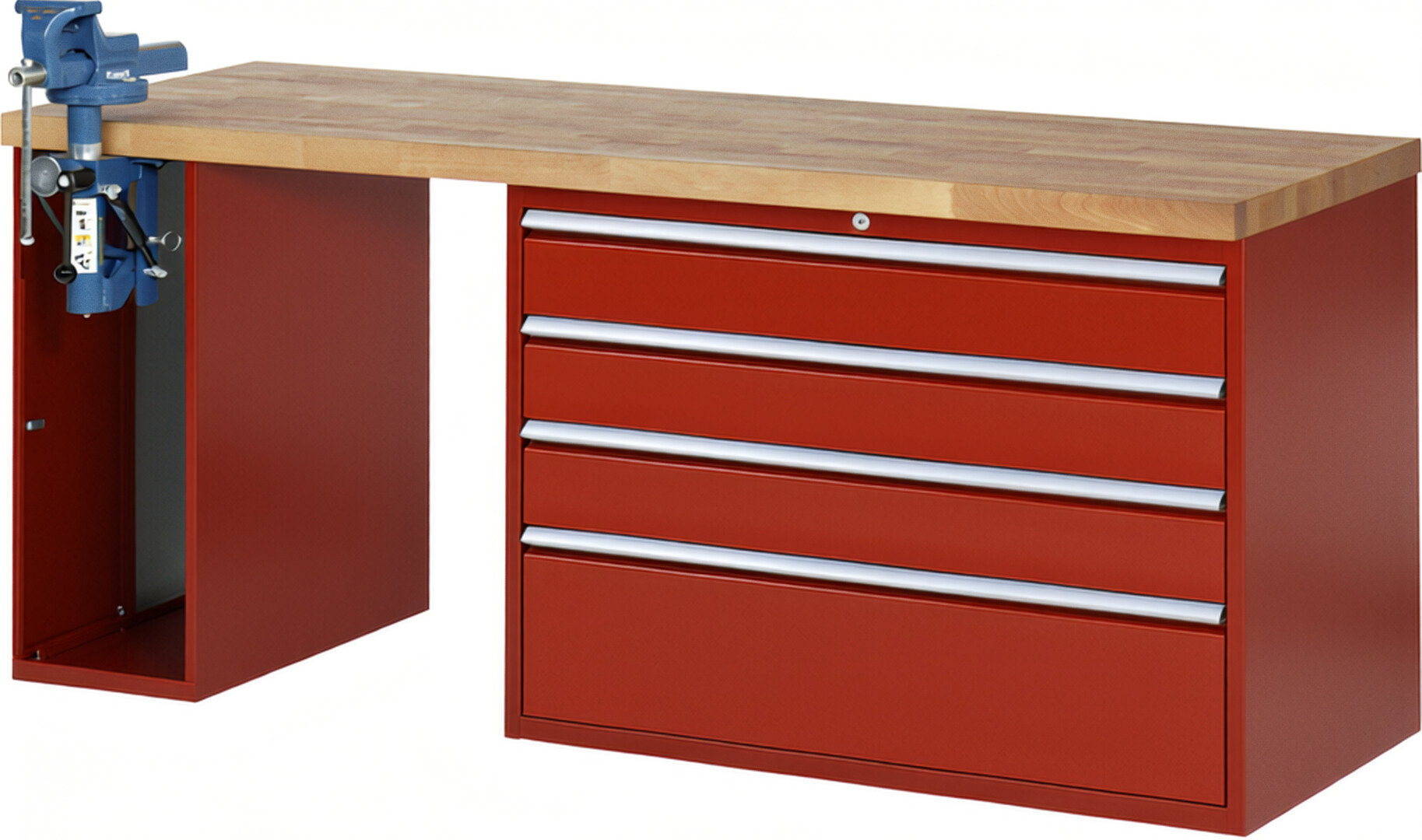 Werkbank Modell 7710 rot, BxTxH 2000x700x890 mm,  Buche-Massiv Arbeitsplatte 40 mm,  4 Schubladen mit  Vollauszug 100 % und  SoftClosing