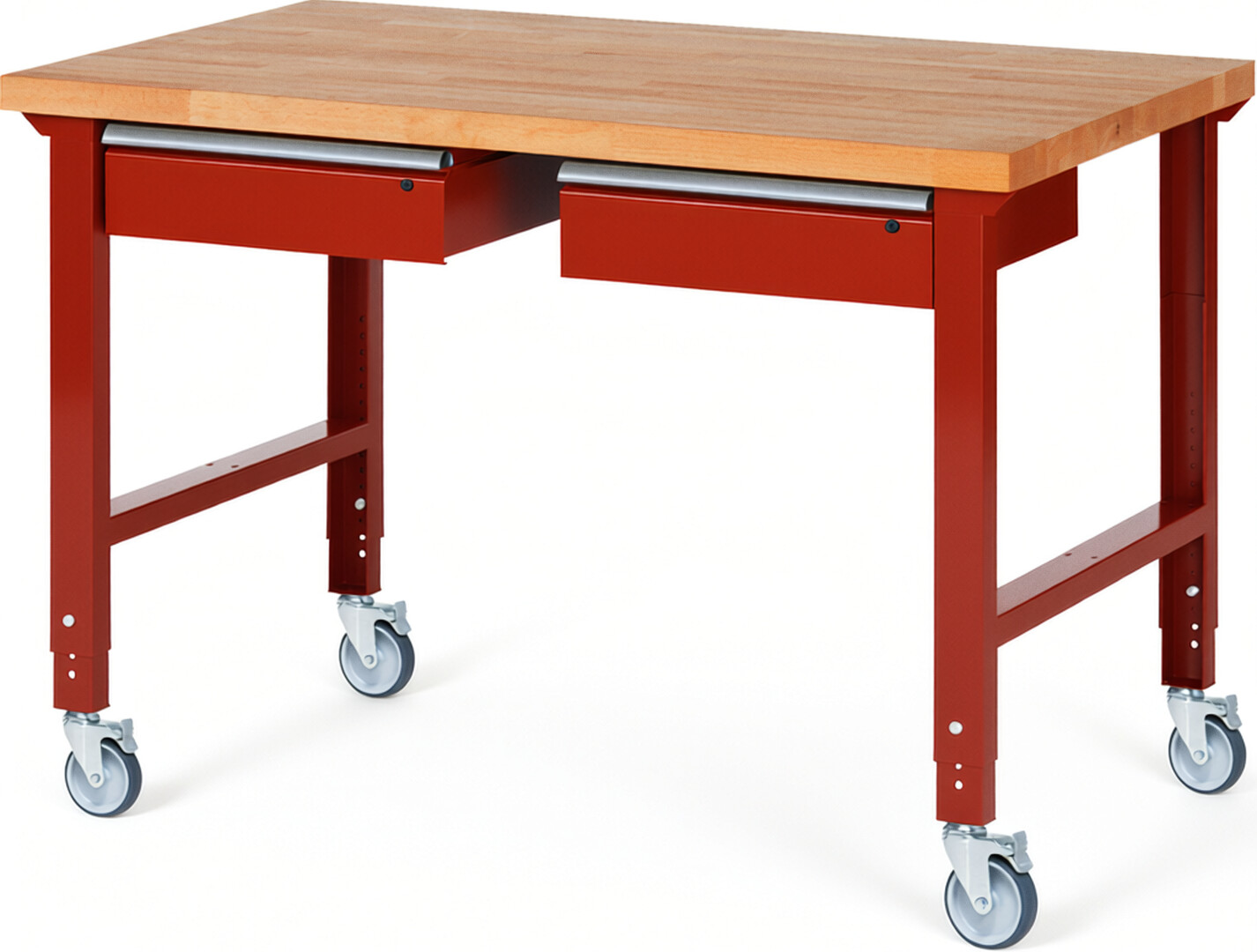 Fahrbare Werkbank Modell 7002 rot, BxTxH 1500x900x950-1000 mm,  Buche-Massiv Arbeitsplatte 40 mm,  2 Schubladen mit  Auszug 90 %