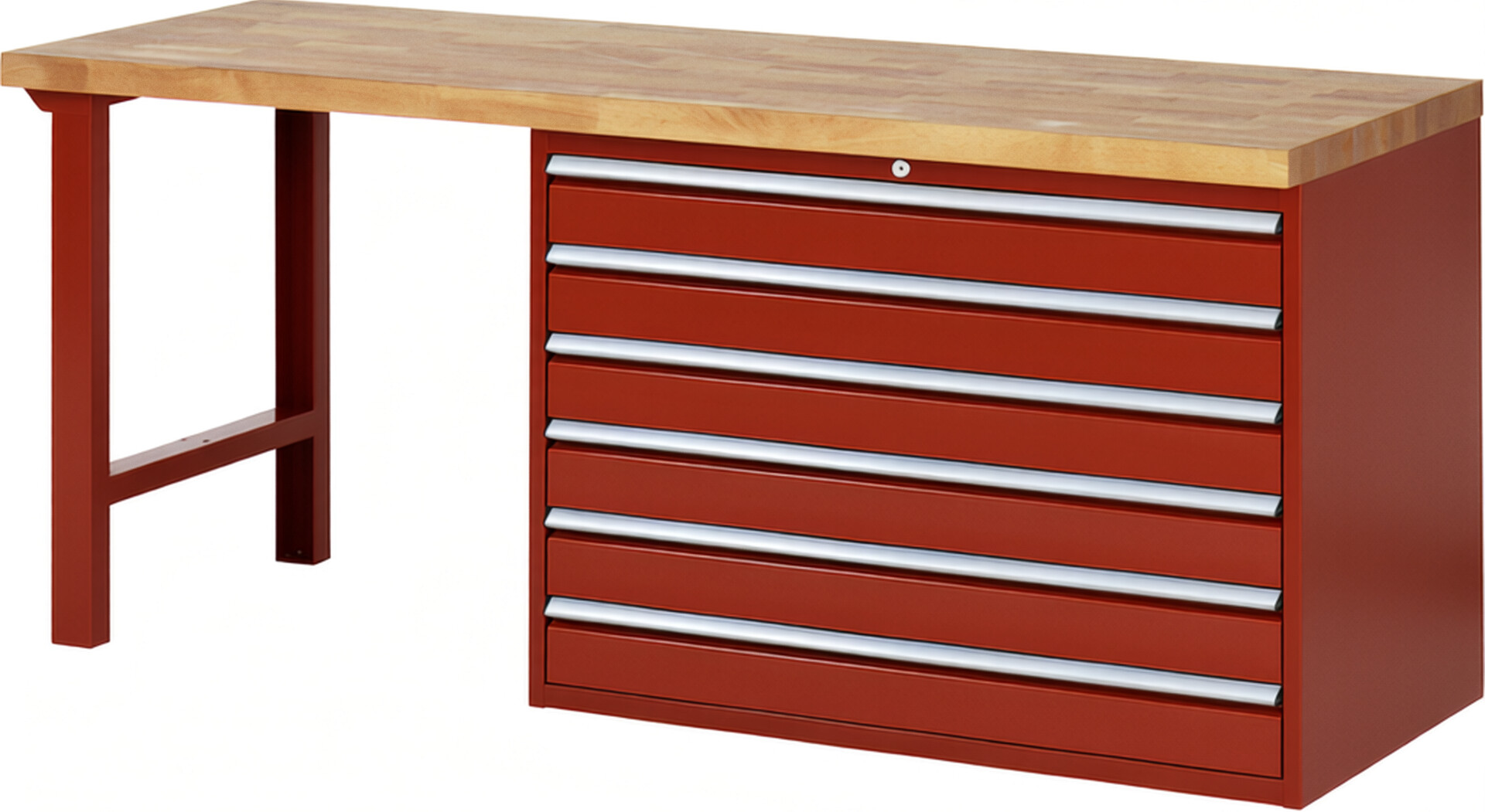 Werkbank Modell 7716 rot, BxTxH 2000x700x890 mm,  Buche-Massiv Arbeitsplatte 40 mm,  6 Schubladen mit  Auszug 90 %