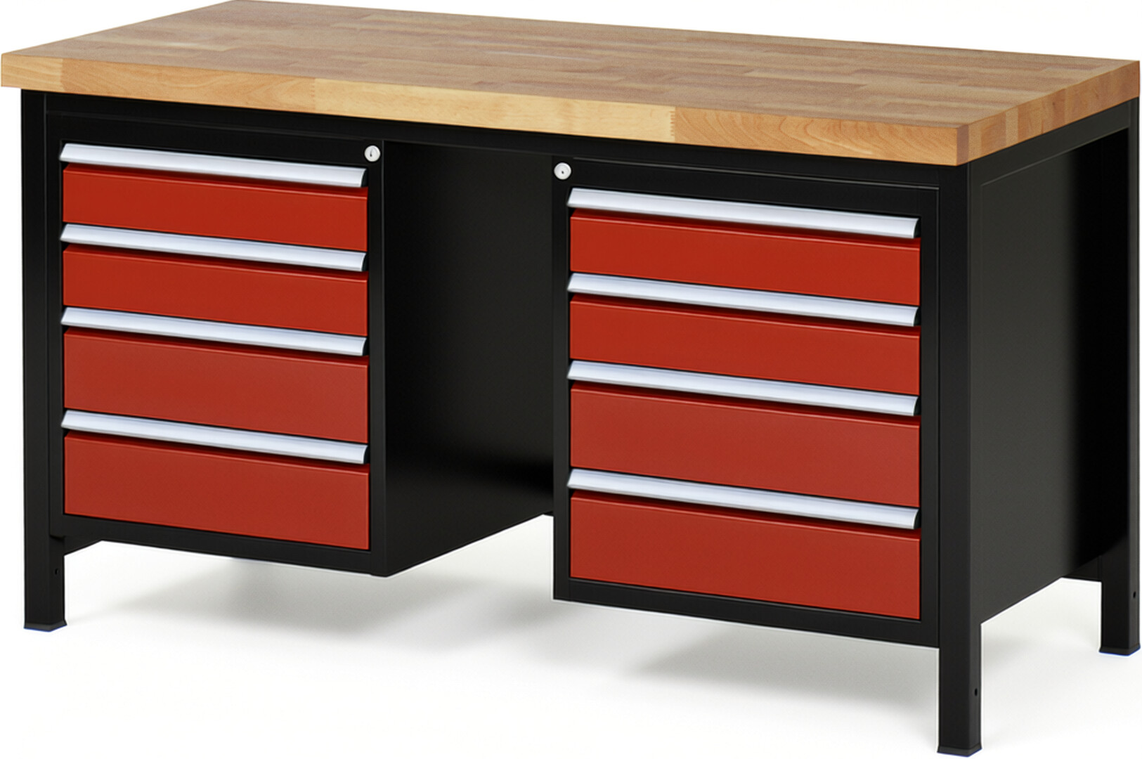 RAU Werkbank schwarz - rot - Breite 150 cm - Tiefe 70 cm - Höhe 104 cm - Buche-Massiv Arbeitsplatte 40 mm