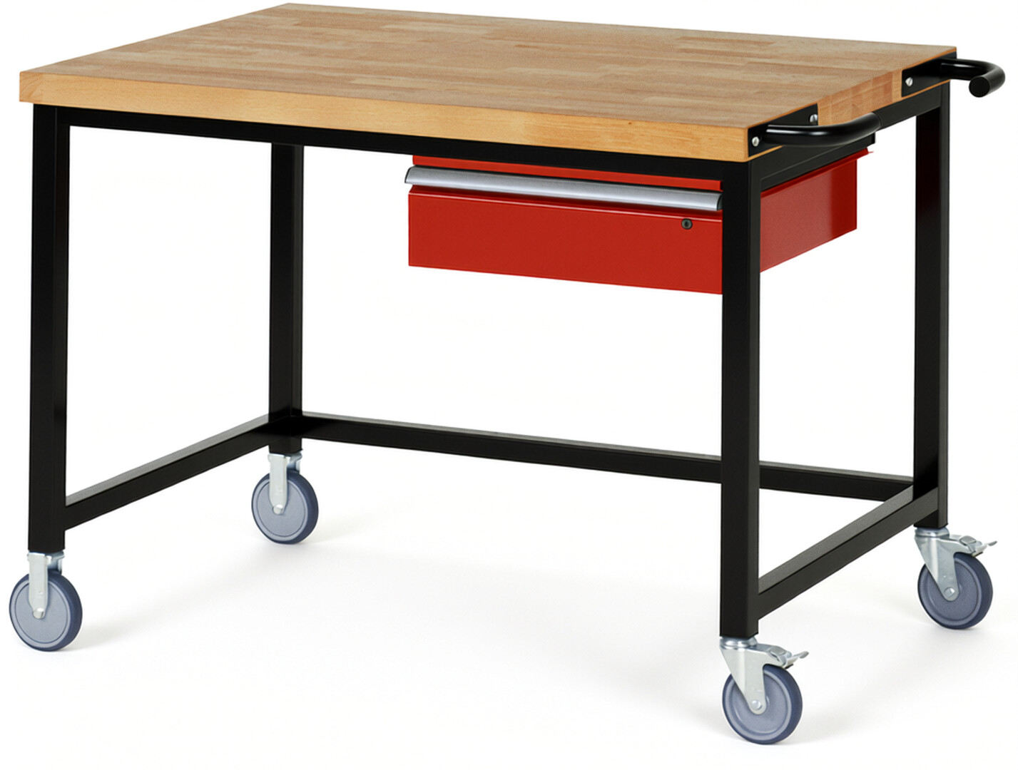 RAU Werkbank schwarz - rot - Breite 125 cm - Tiefe 90 cm - Höhe 108 cm - Buche-Massiv Arbeitsplatte 40 mm