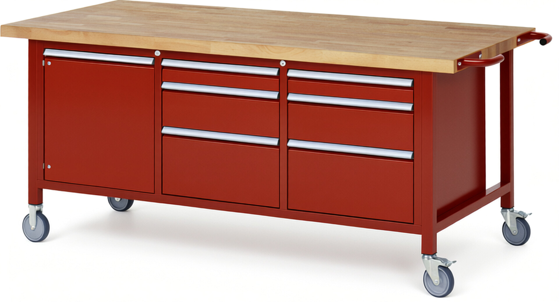Fahrbare Werkbank Modell 8570 rot, BxTxH 2000x900x880 mm,  Buche-Massiv Arbeitsplatte 40 mm,  6 Schubladen mit  Vollauszug 100 % und  SoftClosing