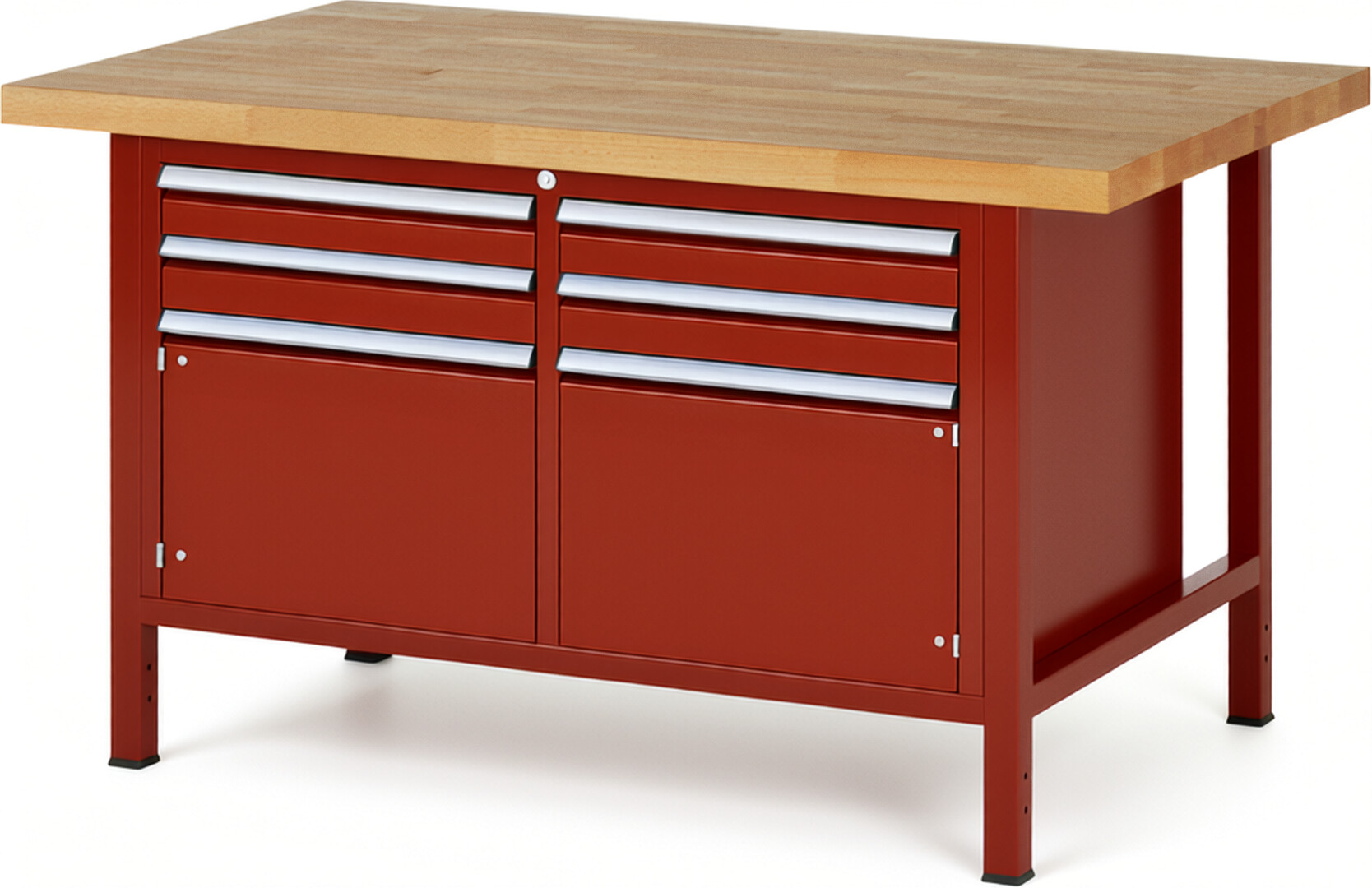 Werkbank Modell 8469 rot, BxTxH 1500x900x840-1040 mm,  Buche-Massiv Arbeitsplatte 40 mm,  4 Schubladen mit  Auszug 90 %