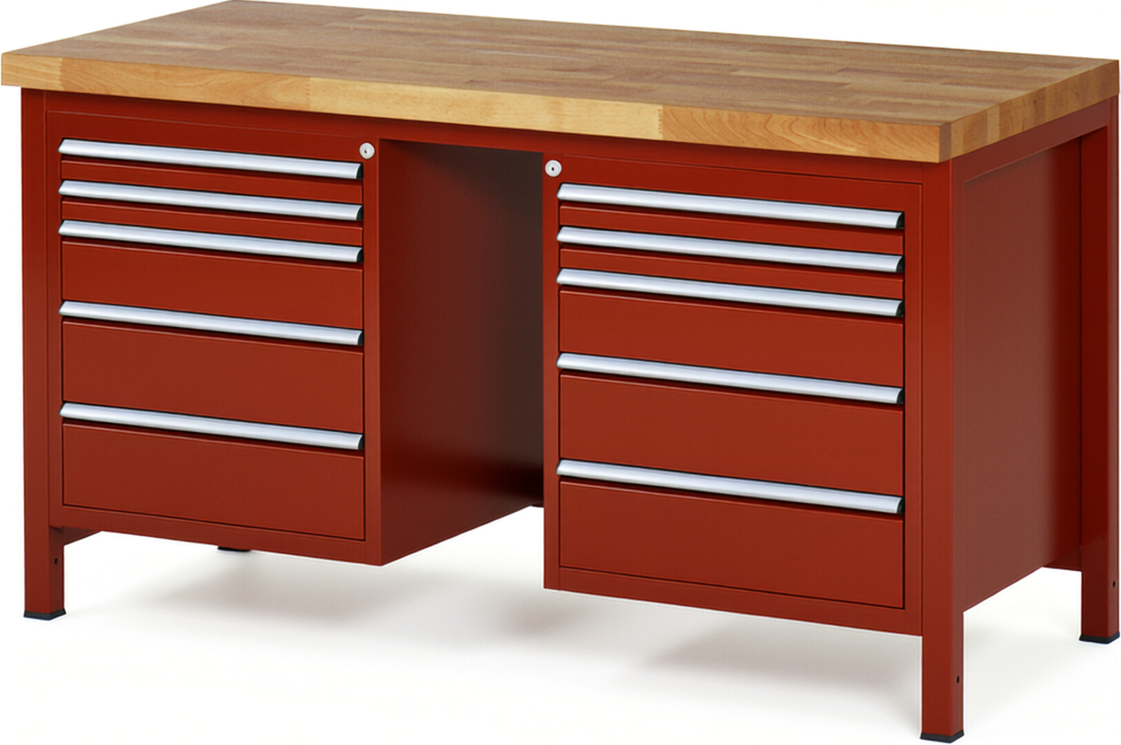 Werkbank Modell 8184 rot, BxTxH 1500x700x840 mm,  Buche-Massiv Arbeitsplatte 40 mm,  10 Schubladen mit  Vollauszug 100 % und  SoftClosing