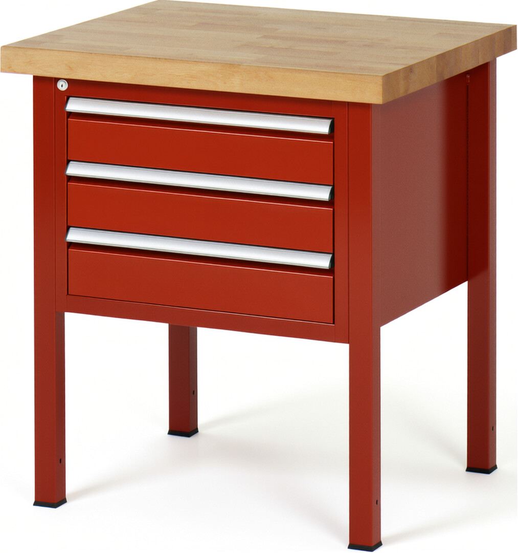 Werkbank Modell 8127 rot, BxTxH 750x700x840-1040 mm,  Buche-Massiv Arbeitsplatte 40 mm,  3 Schubladen mit  Auszug 90 %