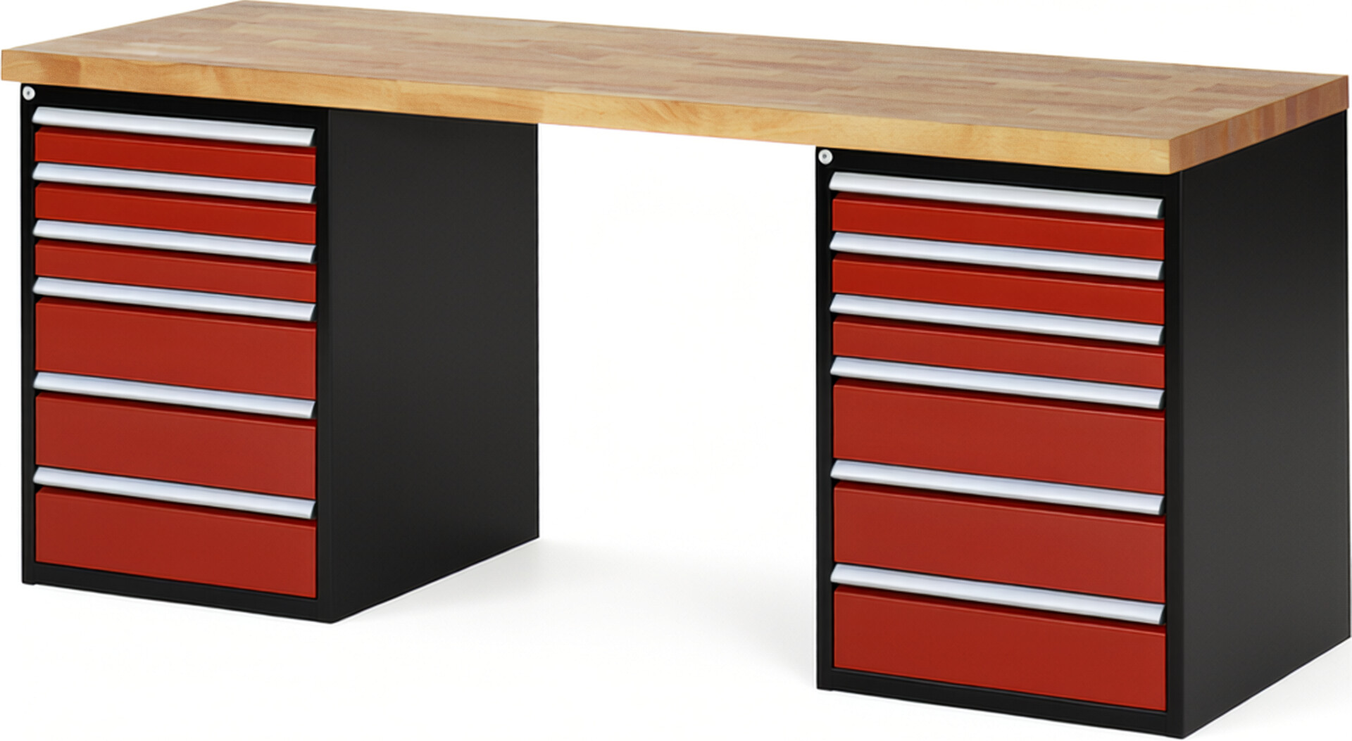 RAU Werkbank schwarz - rot - Breite 200 cm - Tiefe 70 cm - Höhe 89 cm - Buche-Massiv Arbeitsplatte 40 mm