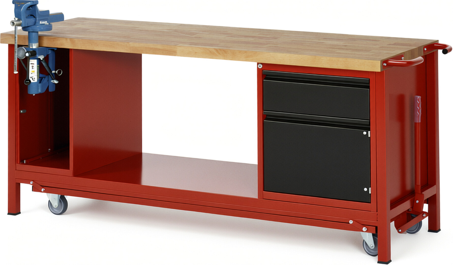 Absenkbare Werkbank - Modell 8181 BASIC rot - schwarz, BxTxH 2000x700x880 mm,  Buche-Massiv Arbeitsplatte 40 mm,  1 Schublade mit  Auszug 90 %