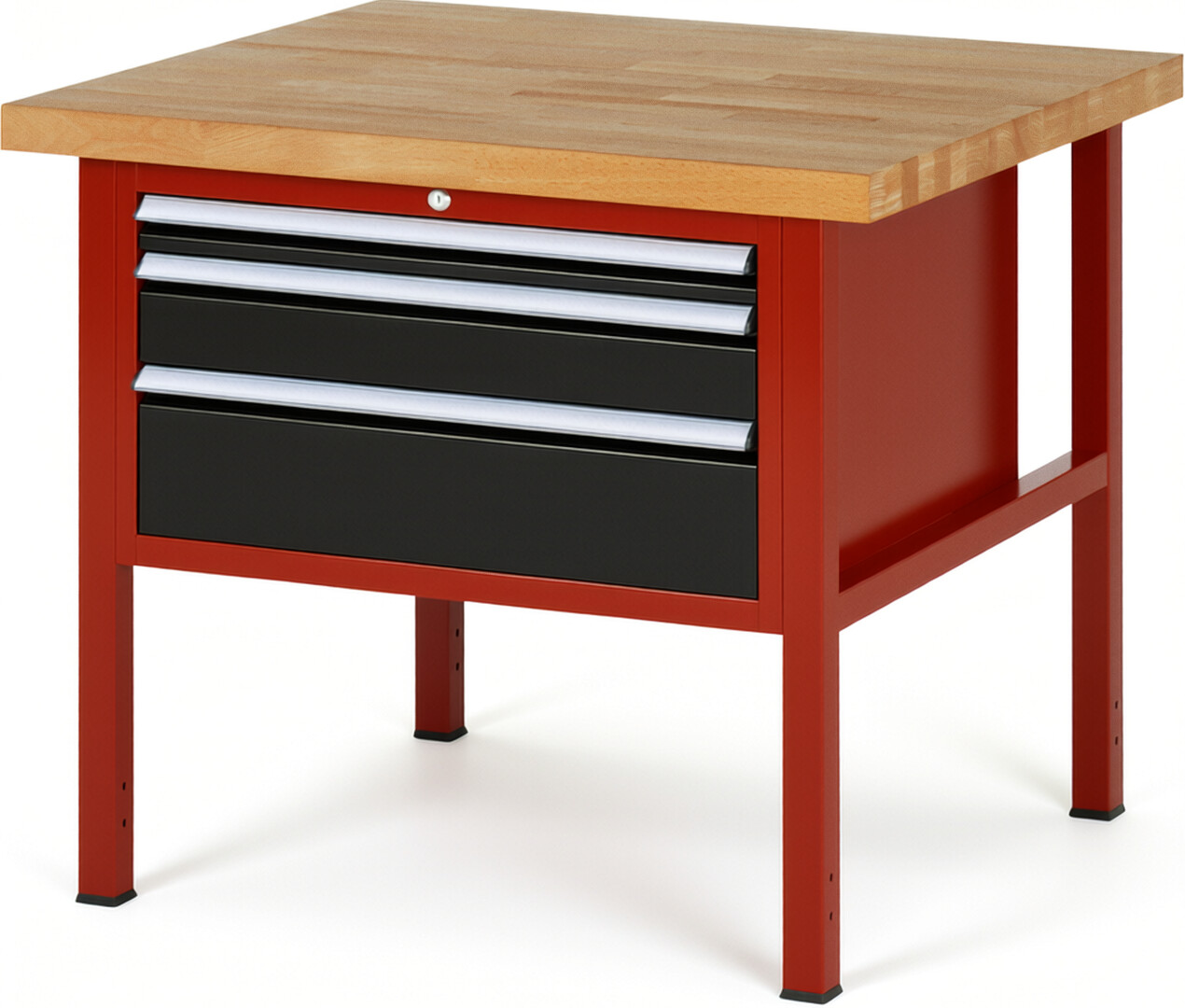 Werkbank Modell 8226 rot - schwarz, BxTxH 1000x900x840 mm,  Buche-Massiv Arbeitsplatte 40 mm,  3 Schubladen mit  Vollauszug 100 % und  SoftClosing