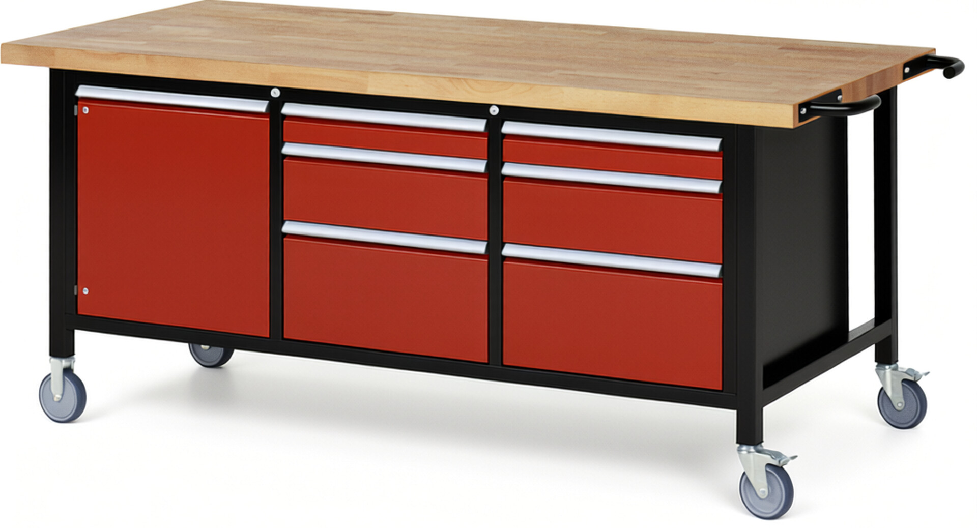 RAU Werkbank schwarz - rot - Breite 200 cm - Tiefe 90 cm - Höhe 108 cm - Buche-Massiv Arbeitsplatte 40 mm