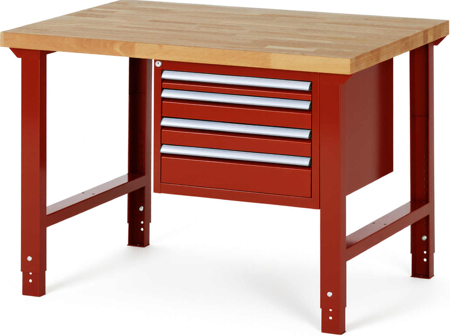 Werkbank Modell 7132 rot, BxTxH 1250x900x790-1140 mm,  Buche-Massiv Arbeitsplatte 40 mm,  4 Schubladen mit  Auszug 90 %