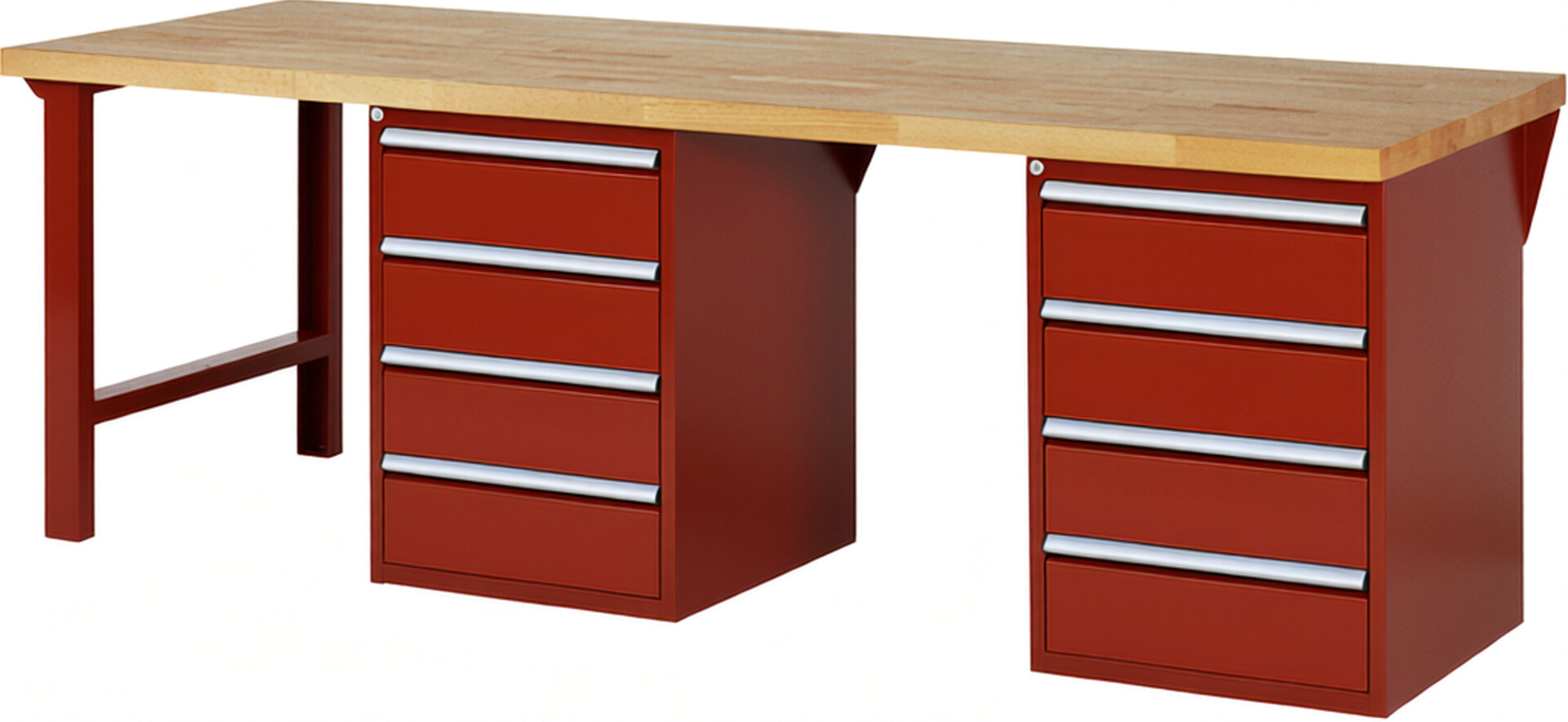Werkbank Modell 7509 rot, BxTxH 2500x900x890 mm,  Buche-Massiv Arbeitsplatte 40 mm,  8 Schubladen mit  Vollauszug 100 % und  SoftClosing