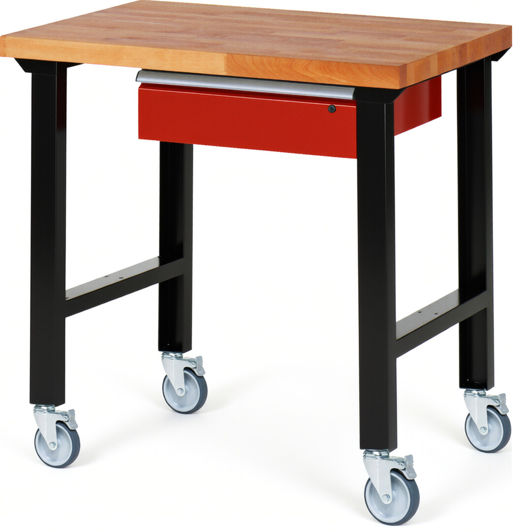 RAU Werkbank schwarz - rot - Breite 100 cm - Tiefe 70 cm - Höhe 100 cm - Buche-Massiv Arbeitsplatte 40 mm