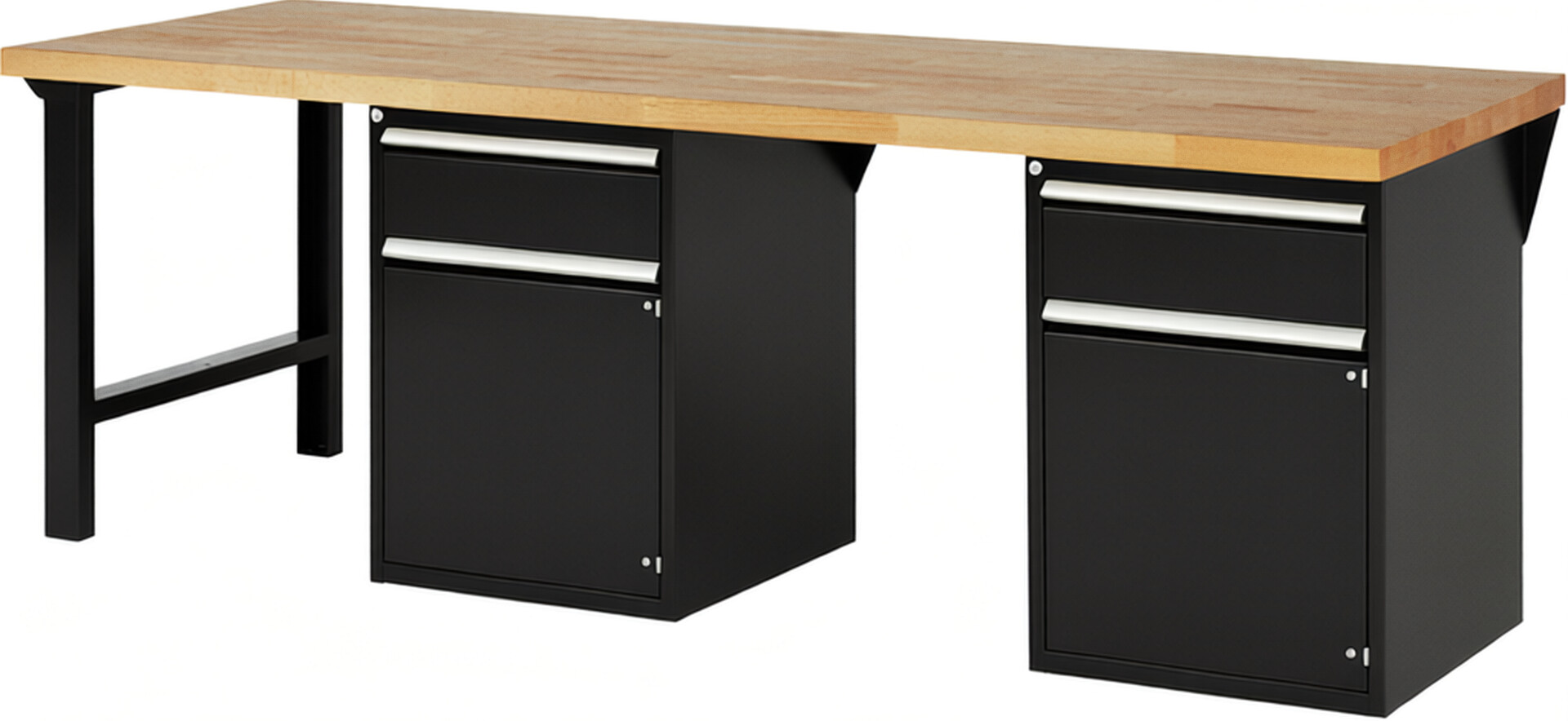Werkbank Modell 7502 schwarz, BxTxH 2500x900x890 mm,  Buche-Massiv Arbeitsplatte 40 mm,  2 Schubladen mit  Auszug 90 %