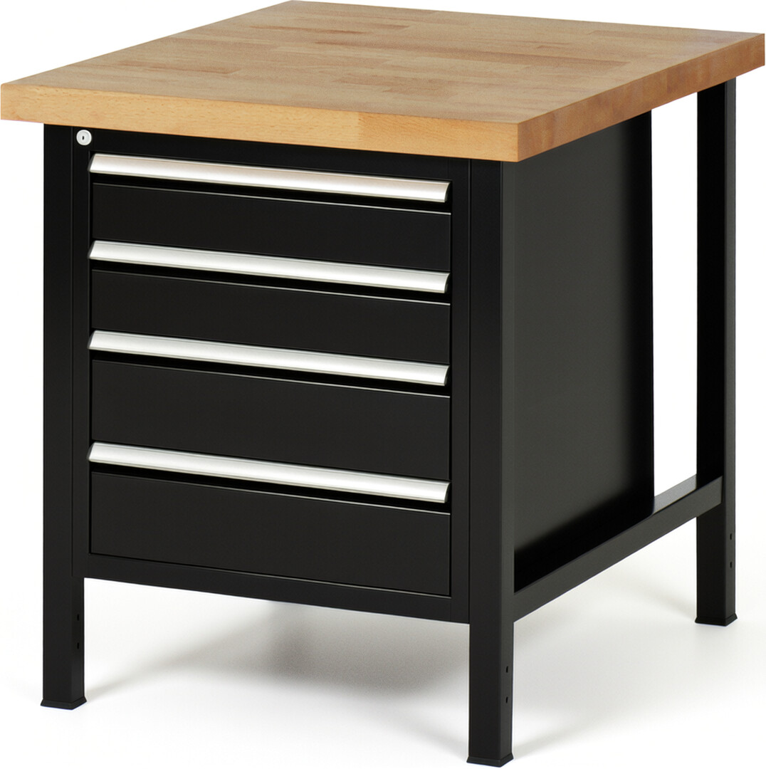 Werkbank Modell 8162 schwarz, BxTxH 750x900x840-1040 mm,  Buche-Massiv Arbeitsplatte 40 mm,  4 Schubladen mit  Auszug 90 %