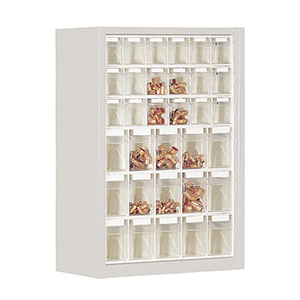 Kleinteilemagazin - Hängeschrank, BxTxH 665x250x910 mm, 33 Kästen, 18xGr. 6, 15xGr. 5, RAL 7035 lichtgrau