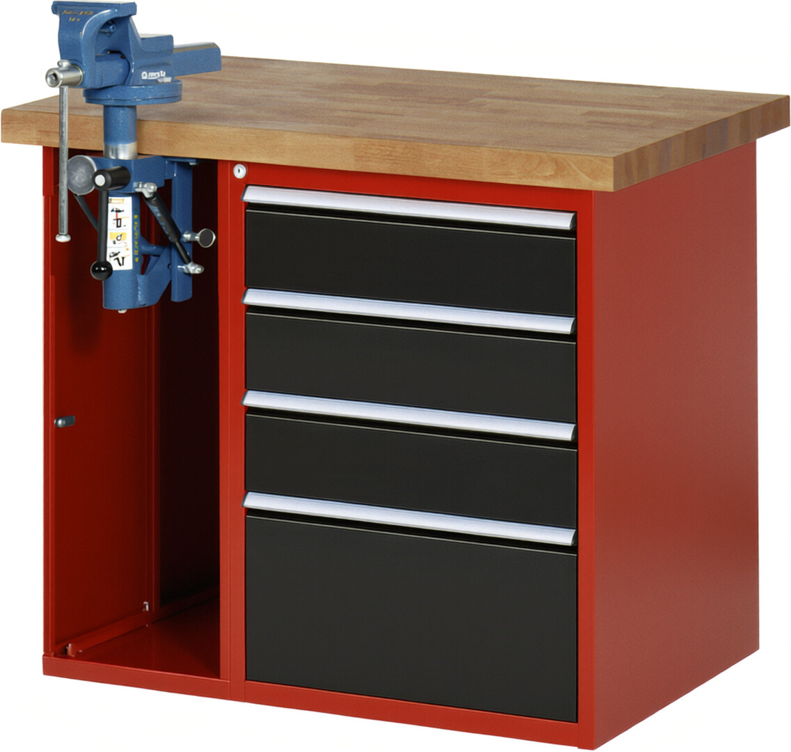 Werkbank Modell 7510 rot - schwarz, BxTxH 1000x700x840 mm,  Buche-Massiv Arbeitsplatte 40 mm,  4 Schubladen mit  Vollauszug 100 % und  SoftClosing