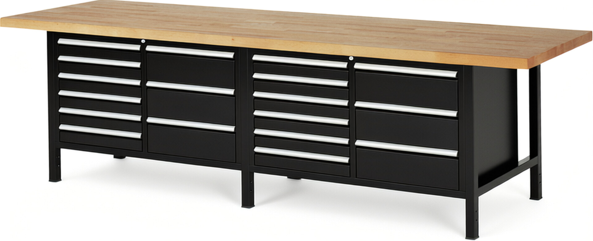 Werkbank Modell 8479 schwarz, BxTxH 3000x900x840-1040 mm,  Buche-Massiv Arbeitsplatte 40 mm,  18 Schubladen mit  Auszug 90 %